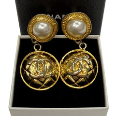 Vintage CHANEL 24k Gold Plated CC Logo Drop Clip Earrings Chanel