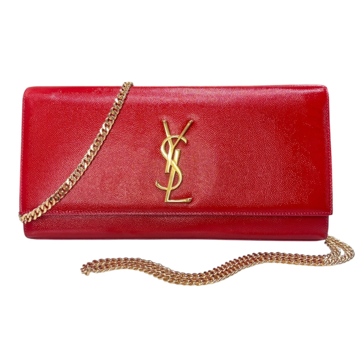SAINT LAURENT Red Grained Glazed Leather Kate Clutch with Crossbody Chain Saint Laurent