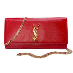 SAINT LAURENT Red Grained Glazed Leather Kate Clutch with Crossbody Chain Saint Laurent