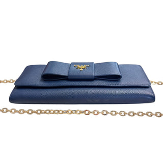 PRADA Blue Saffiano Leather Bow Wallet with added Chain Prada