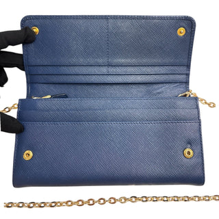 PRADA Blue Saffiano Leather Bow Wallet with added Chain Prada