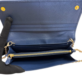 PRADA Blue Saffiano Leather Bow Wallet with added Chain Prada
