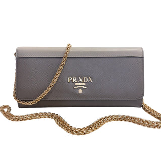 PRADA Grey Saffiano Calfskin Leather Wallet with Chain Prada