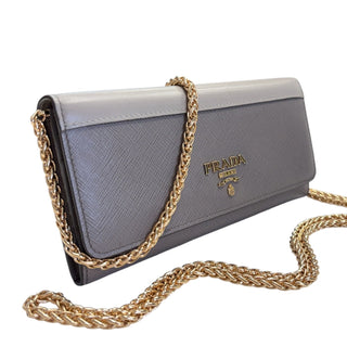 PRADA Grey Saffiano Calfskin Leather Wallet with Chain Prada