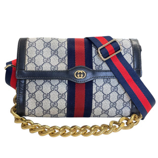 GUCCI Medium Navy Coated Canvas Ophidia Clutch with added Strap/Chain Gucci