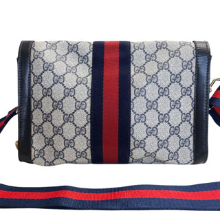 GUCCI Medium Navy Coated Canvas Ophidia Clutch with added Strap/Chain Gucci