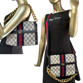 GUCCI Medium Navy Coated Canvas Ophidia Clutch with added Strap/Chain Gucci