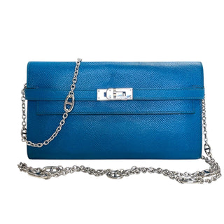 HERMES Bleu Izmir Epsom Leather Kelly Wallet with Added Insert/Chain Hermes