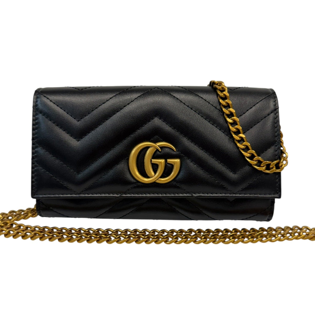 GUCCI Black Leather GG Marmont Wallet with Chain Gucci