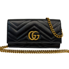 GUCCI Black Leather GG Marmont Wallet with Chain Gucci