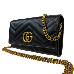 GUCCI Black Leather GG Marmont Wallet with Chain Gucci