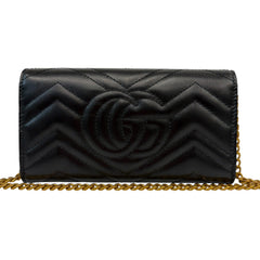 GUCCI Black Leather GG Marmont Wallet with Chain Gucci