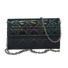 DIOR Iridescent Black Cannage Patent and Calfskin Leather Long Wallet with Chain Dior
