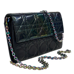 DIOR Iridescent Black Cannage Patent and Calfskin Leather Long Wallet with Chain Dior