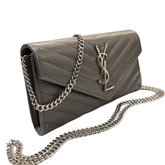 SAINT LAURENT Grey Grained Leather Chevron Cassandra Clutch with Chain Saint Laurent