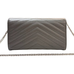 SAINT LAURENT Grey Grained Leather Chevron Cassandra Clutch with Chain Saint Laurent