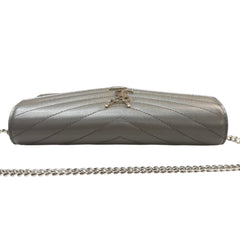 SAINT LAURENT Grey Grained Leather Chevron Cassandra Clutch with Chain Saint Laurent