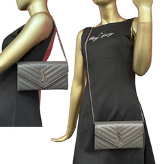 SAINT LAURENT Grey Grained Leather Chevron Cassandra Clutch with Chain Saint Laurent