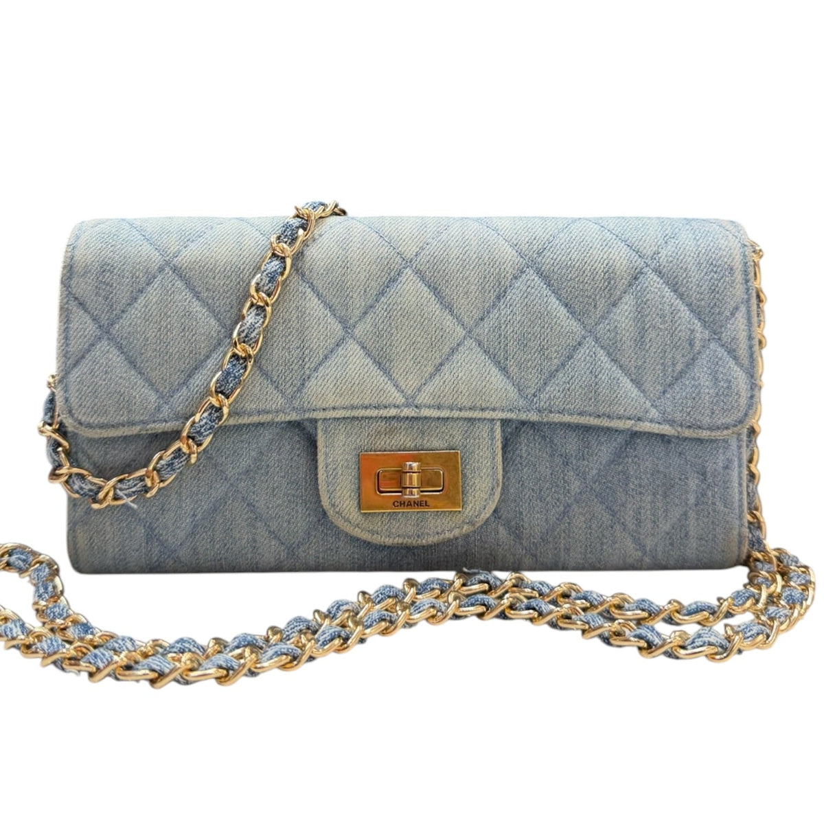 CHANEL 2.55 Denim Gusseted Classic Flap Wallet with Added Chain Chanel