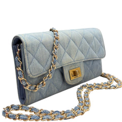 CHANEL 2.55 Denim Gusseted Classic Flap Wallet with Added Chain Chanel