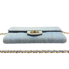 CHANEL 2.55 Denim Gusseted Classic Flap Wallet with Added Chain Chanel