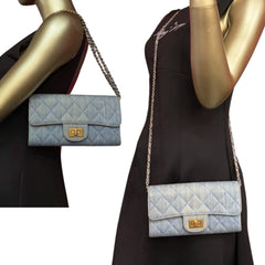 CHANEL 2.55 Denim Gusseted Classic Flap Wallet with Added Chain Chanel