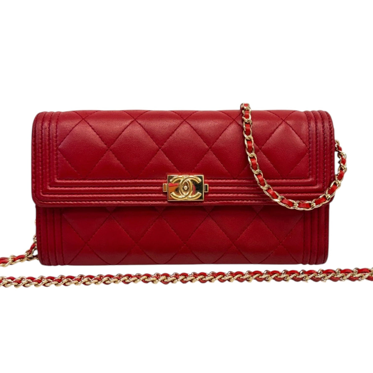 CHANEL Red Lambskin Leather Boy Long Flap Wallet Chanel