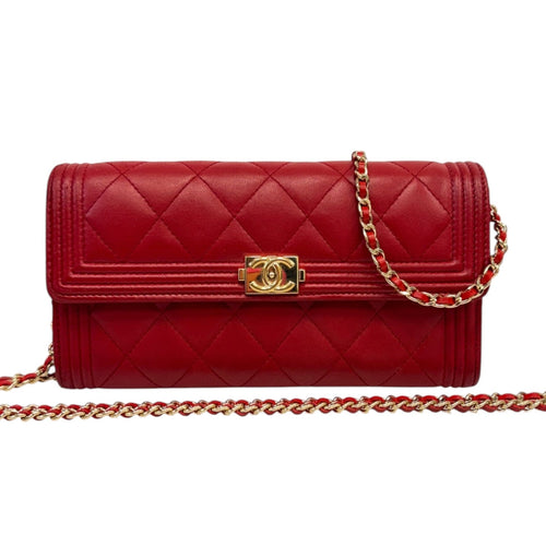 CHANEL Red Lambskin Leather Boy Long Flap Wallet Chanel
