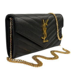 SAINT LAURENT Black Grained Leather Chevron Cassandra Clutch with Chain/Tassel Saint Laurent