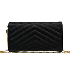 SAINT LAURENT Black Grained Leather Chevron Cassandra Clutch with Chain/Tassel Saint Laurent