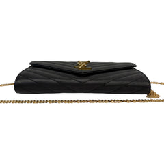 SAINT LAURENT Black Grained Leather Chevron Cassandra Clutch with Chain/Tassel Saint Laurent