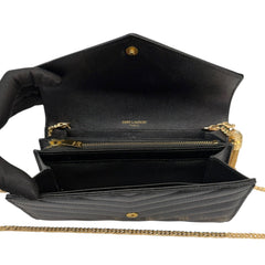 SAINT LAURENT Black Grained Leather Chevron Cassandra Clutch with Chain/Tassel Saint Laurent