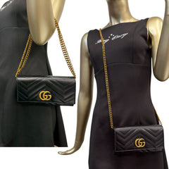 GUCCI Black Leather GG Marmont Wallet with Chain Gucci