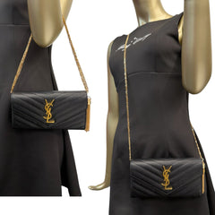 SAINT LAURENT Black Grained Leather Chevron Cassandra Clutch with Chain/Tassel Saint Laurent