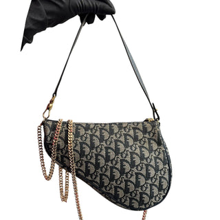 CHRISTIAN DIOR Navy Trotter Saddle Bag with Chain Dior