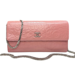 CHANEL Pink Lambskin SHW Camellia Long Flap Wallet Chanel