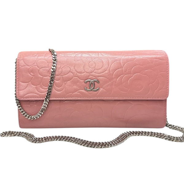 CHANEL Pink Lambskin SHW Camellia Long Flap Wallet Chanel