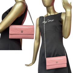 CHANEL Pink Lambskin SHW Camellia Long Flap Wallet Chanel