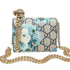GUCCI Blue Blooms GG Supreme Compact Wallet with Adjustable Chain Gucci