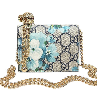 GUCCI Blue Blooms GG Supreme Compact Wallet with Adjustable Chain Gucci