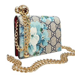 GUCCI Blue Blooms GG Supreme Compact Wallet with Adjustable Chain Gucci