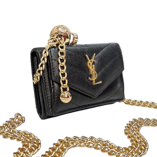 SAINT LAURENT Black Leather YSL Compact Trifold Wallet with Adjustable Chain Saint Laurent