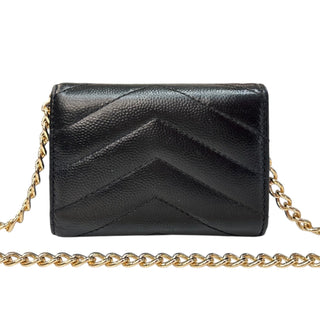 SAINT LAURENT Black Leather YSL Compact Trifold Wallet with Adjustable Chain Saint Laurent