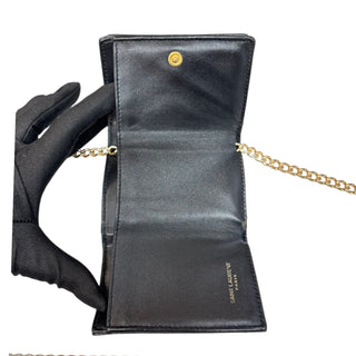 SAINT LAURENT Black Leather YSL Compact Trifold Wallet with Adjustable Chain Saint Laurent
