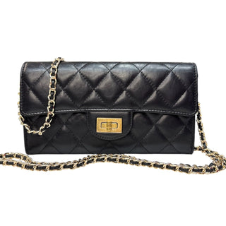 CHANEL 2.55 Black Calfskin Classic Flap Wallet with Added Chain Chanel