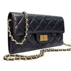 CHANEL 2.55 Black Calfskin Classic Flap Wallet with Added Chain Chanel
