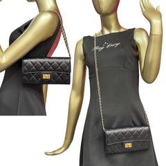 CHANEL 2.55 Black Calfskin Classic Flap Wallet with Added Chain Chanel