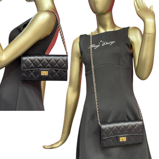 CHANEL 2.55 Black Calfskin Classic Flap Wallet with Added Chain Chanel