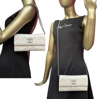 CHANEL 19 White Goatskin Large Quilt Long Flap Wallet Chanel
