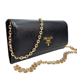 PRADA Black Saffiano/Calfskin Leather Wallet/Card Holder with Chain Prada